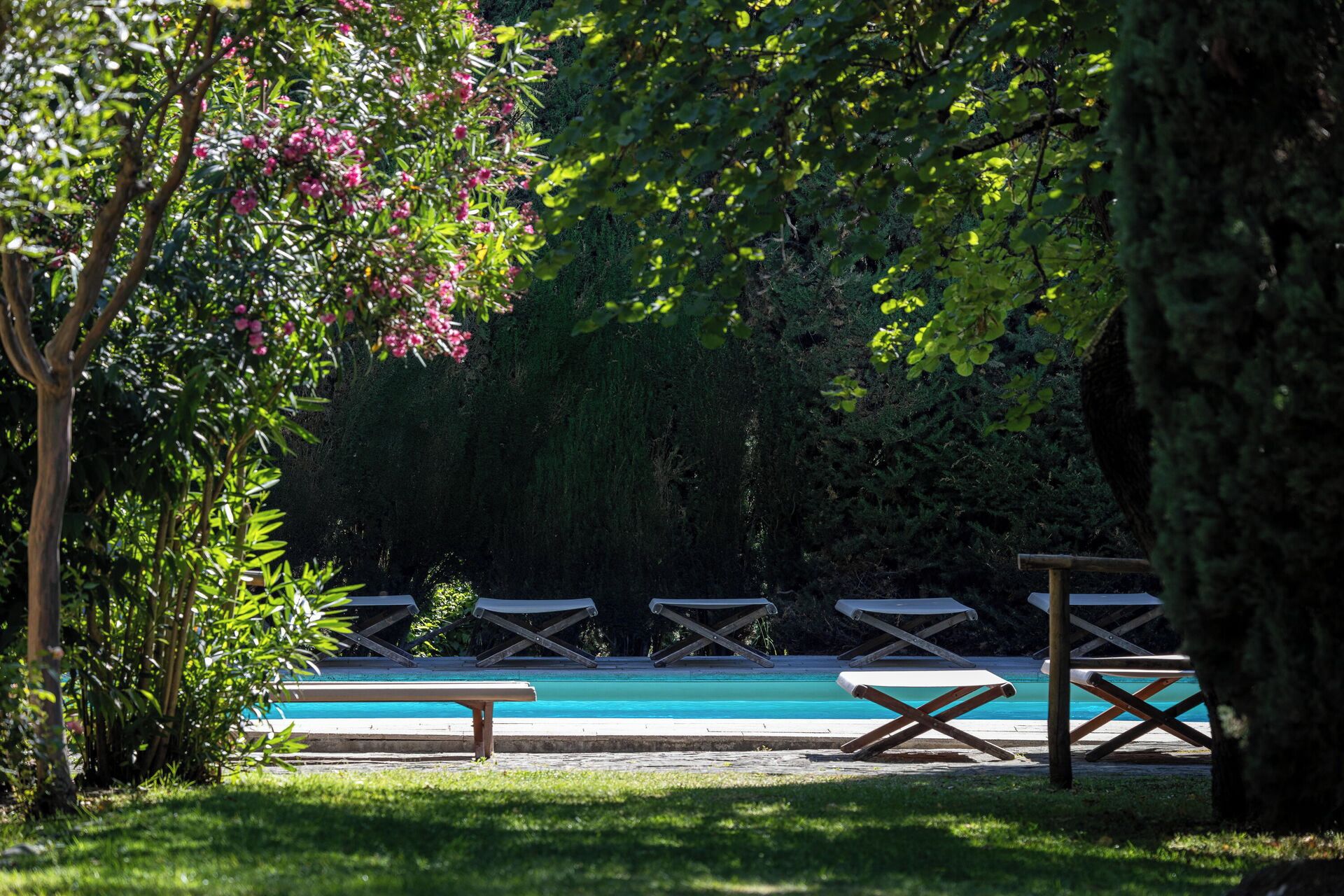 A pool area with lounge chairs and a bench, surrounded by greenery.