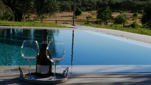 Un'ambientazione a bordo piscina con una bottiglia di vino e due bicchieri su un vassoio.