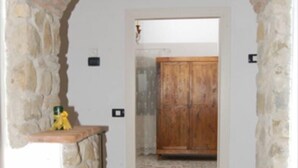 Een gebogen deuropening die leidt naar een kamer met een houten vloer en een kamerkleed met een patroon.