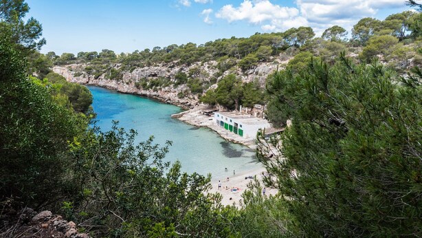 A coastal area with a beach, a small building with green doors, and surrounding greenery. - VILLA GLORIA - Villa with private pool in Cala Pi - Llucmajor. Free WiFi (Cala Pi)