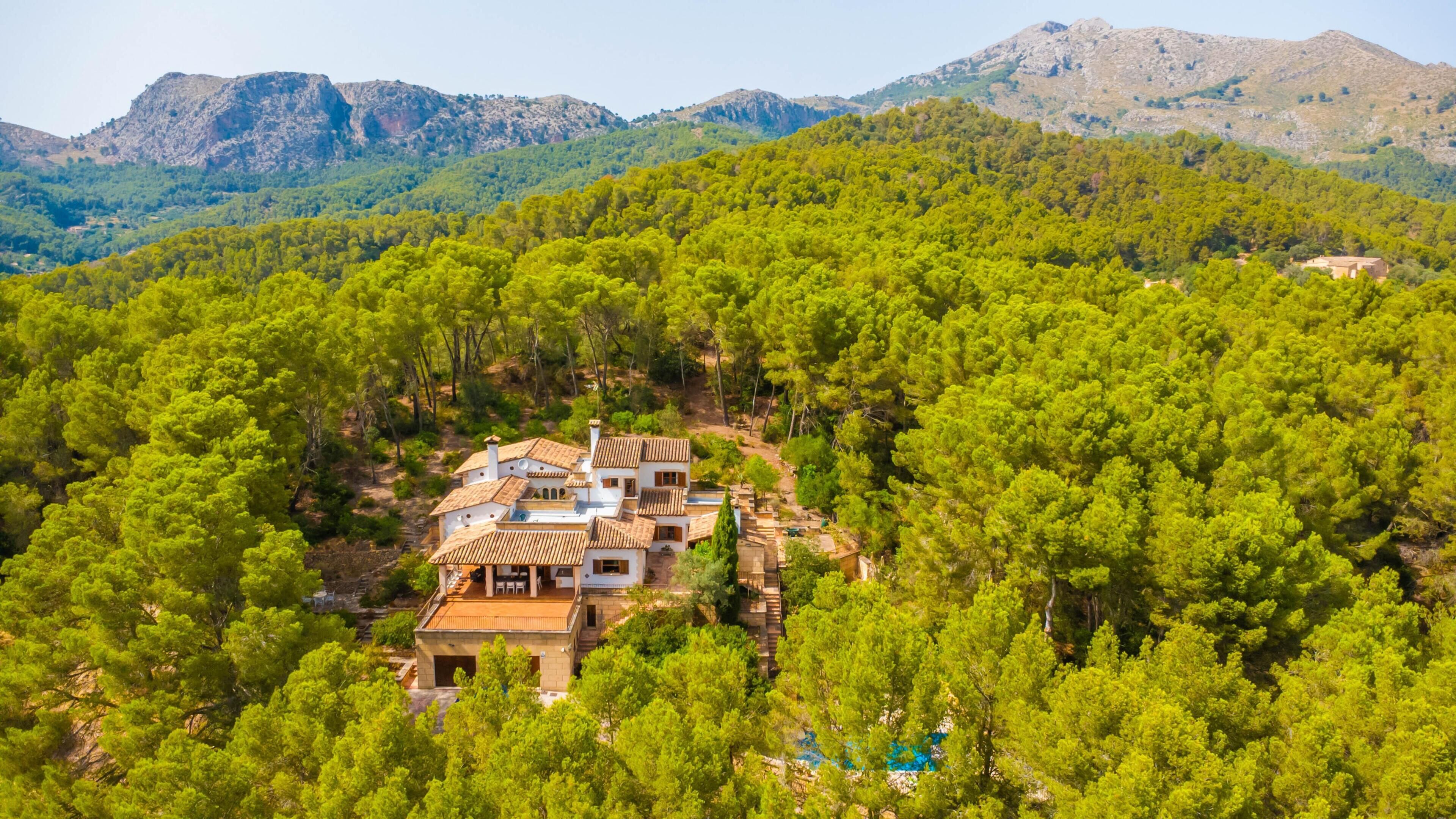 Una villa rodeada de un bosque denso con montañas al fondo.