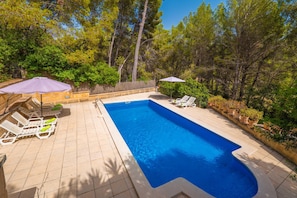 A rectangular swimming pool with a tiled deck, surrounded by trees and a wooden fence.
