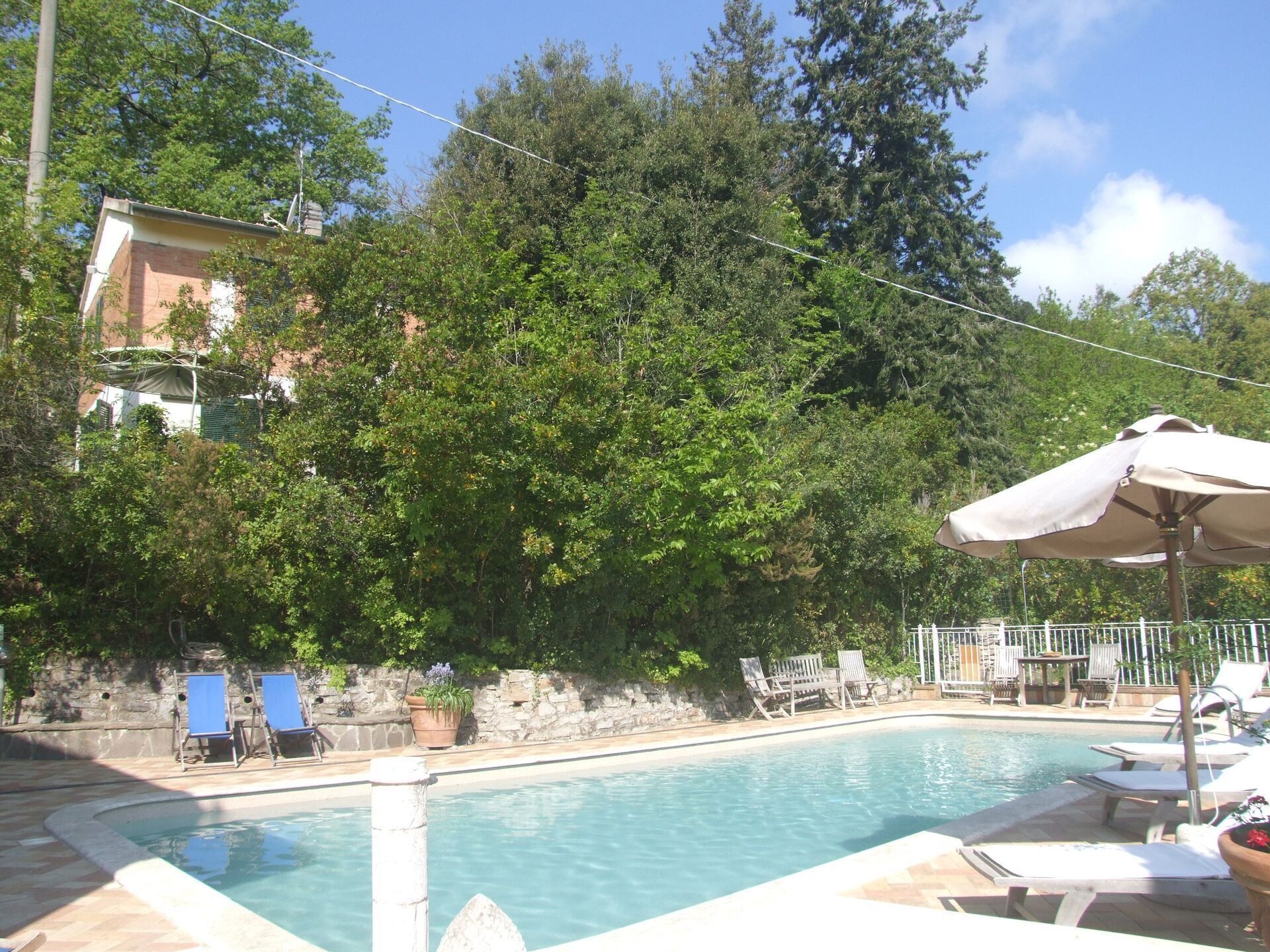 A swimming pool with lounge chairs and umbrellas, surrounded by trees and a stone wall.