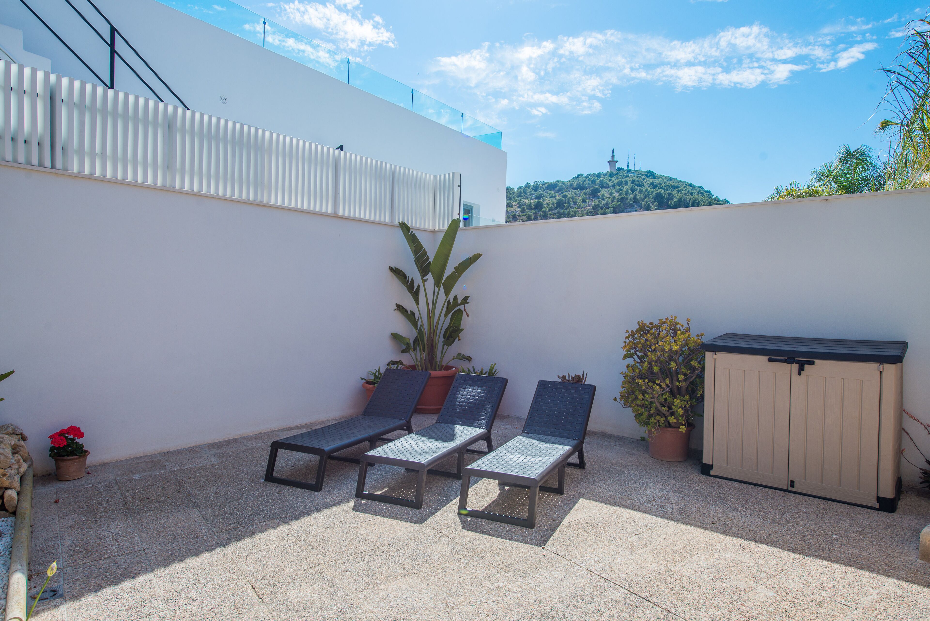 A rooftop terrace with three sun loungers, a storage unit, and potted plants.
