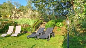 Un jardin avec trois chaises longues et un lampadaire.