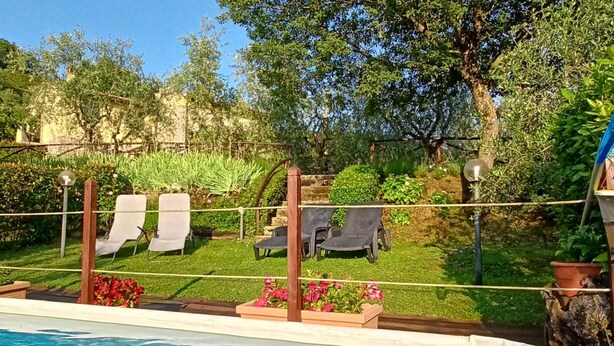 Une piscine avec des chaises longues et un espace jardin agrémenté de plantes et d’une pergola.
