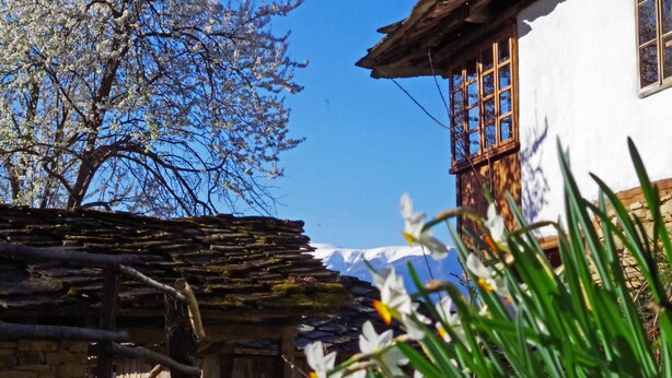 A rustic building with a stone wall and wooden beams, a wooden fence, and a clear blue sky.
