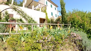 A white building with green shutters, a balcony, and a garden with various plants and flowers. - Wonderful private villa with A/C, WIFI, private pool, TV, veranda, pets allowed and panoramic view (Aiale)