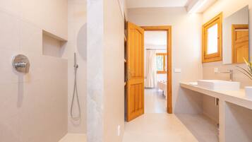 Combined shower/tub, hair dryer, bidet, towels