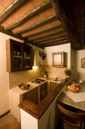 Fridge, stovetop, cookware/dishes/utensils, dining tables