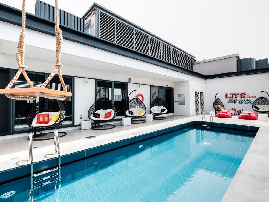 Outdoor pool, pool loungers