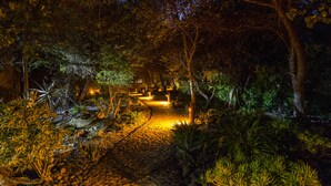 A nighttime garden with a cobblestone path, illuminated by soft lighting, surrounded by various plants and trees.