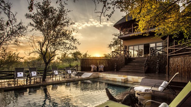 A pool area with lounge chairs and a wooden deck, surrounded by trees and a building with a balcony.