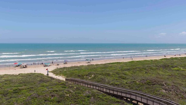 Una playa con un paseo marítimo de madera que lleva a la orilla, rodeada de follaje.