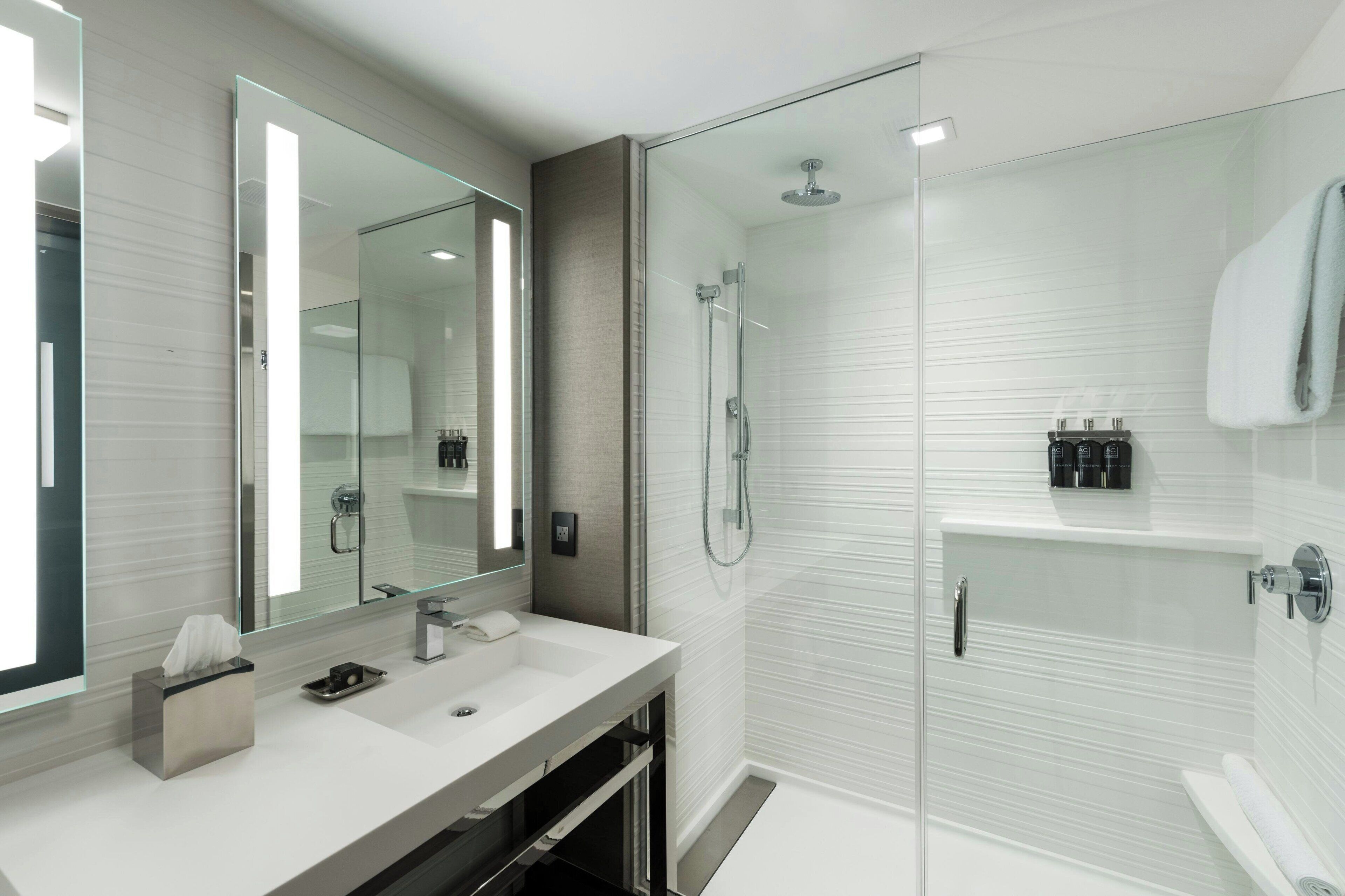 combined shower/bathtub, free toiletries, hair dryer, towels