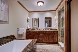 Shower, hair dryer, heated floors
