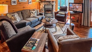 Una sala de estar acogedora con chimenea, paredes de madera y televisor.