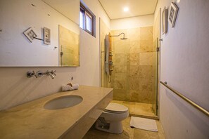 Regadera, toallas, shampoo