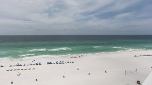 A beach with rows of sun loungers and umbrellas, a sandy shore, and the ocean in the background. - D1005 Direct Gulf View, 3 Pools, Tennis and Pickle Ball (Panama City Beach)