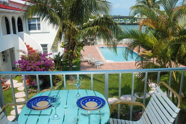Enjoy breakfast on the balcony overlooking the pool and lovely
inland waterway