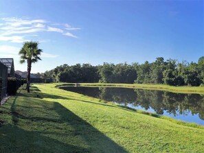 A serene landscape with a pond, lush greenery, and a palm tree. - Lakefront Pool Villa w/ Game Room, Near Disney (Kissimmee)