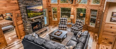 Télévision, cheminée, jeux vidéo, lecteur de DVD