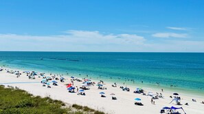 A beach with umbrellas and people.