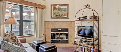 Televisión, chimenea, reproductor de DVD y estéreo