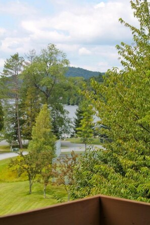 A view from a window overlooking a lake, trees, and a hilly landscape. - Townhome J1 - Vacation Rental on 4th Lake (Inlet)
