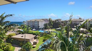 A resort with a pool, palm trees, and a view of the ocean.
