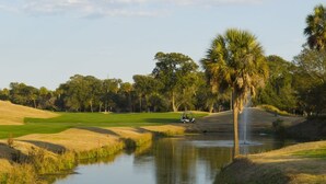 A golf course with a pond, palm trees, and a golf cart. - 12 42nd Avenue by AvantStay | 2 Mins To The Beach | Screened In Porch! (Isle of Palms)