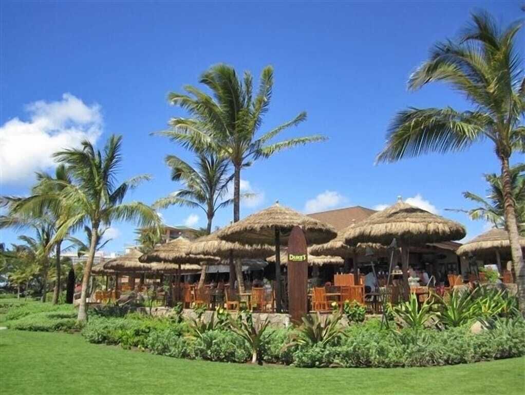 A resort with thatched umbrellas, palm trees, and outdoor seating areas.