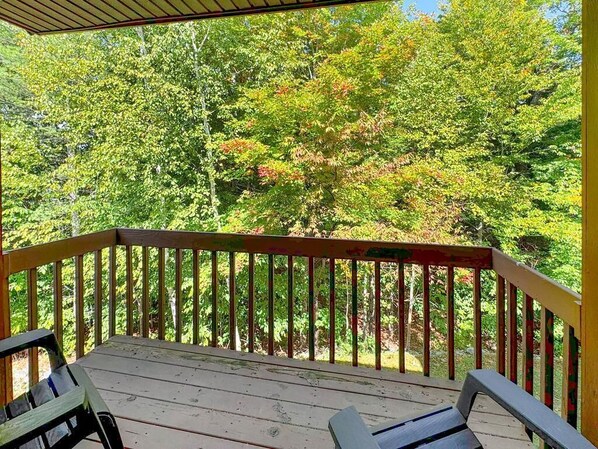 A wooden deck with a railing, surrounded by lush green trees.