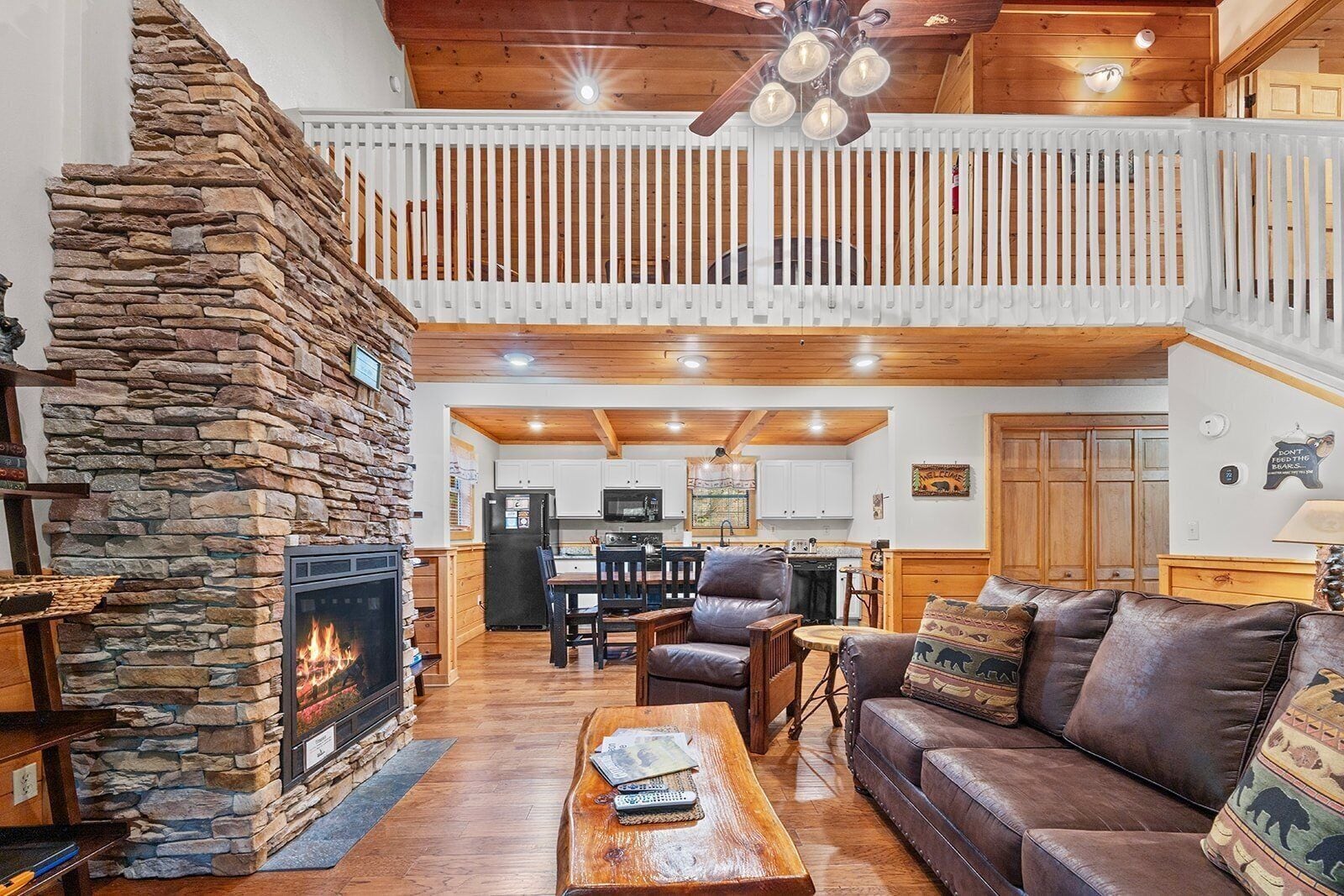 TV, fireplace, books