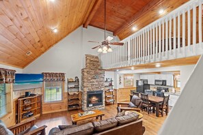 TV, caminetto, libri