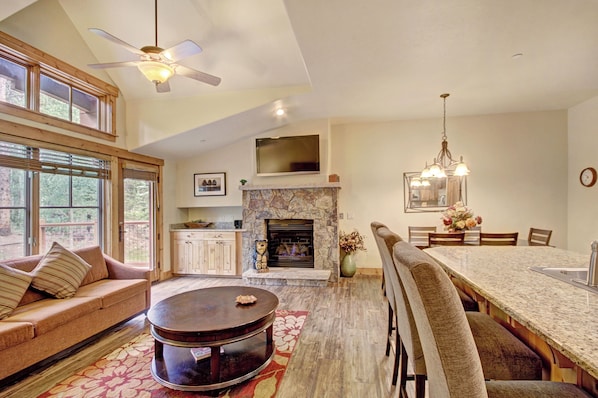 TV, fireplace, DVD player, stereo