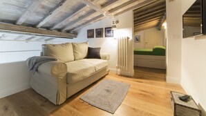 A cozy room with a sofa, a small rug, wooden flooring, a radiator, and a television. - Delightful apartment with mezzanine for 4 people, ideal for those who want to visit the city center (Firenze)