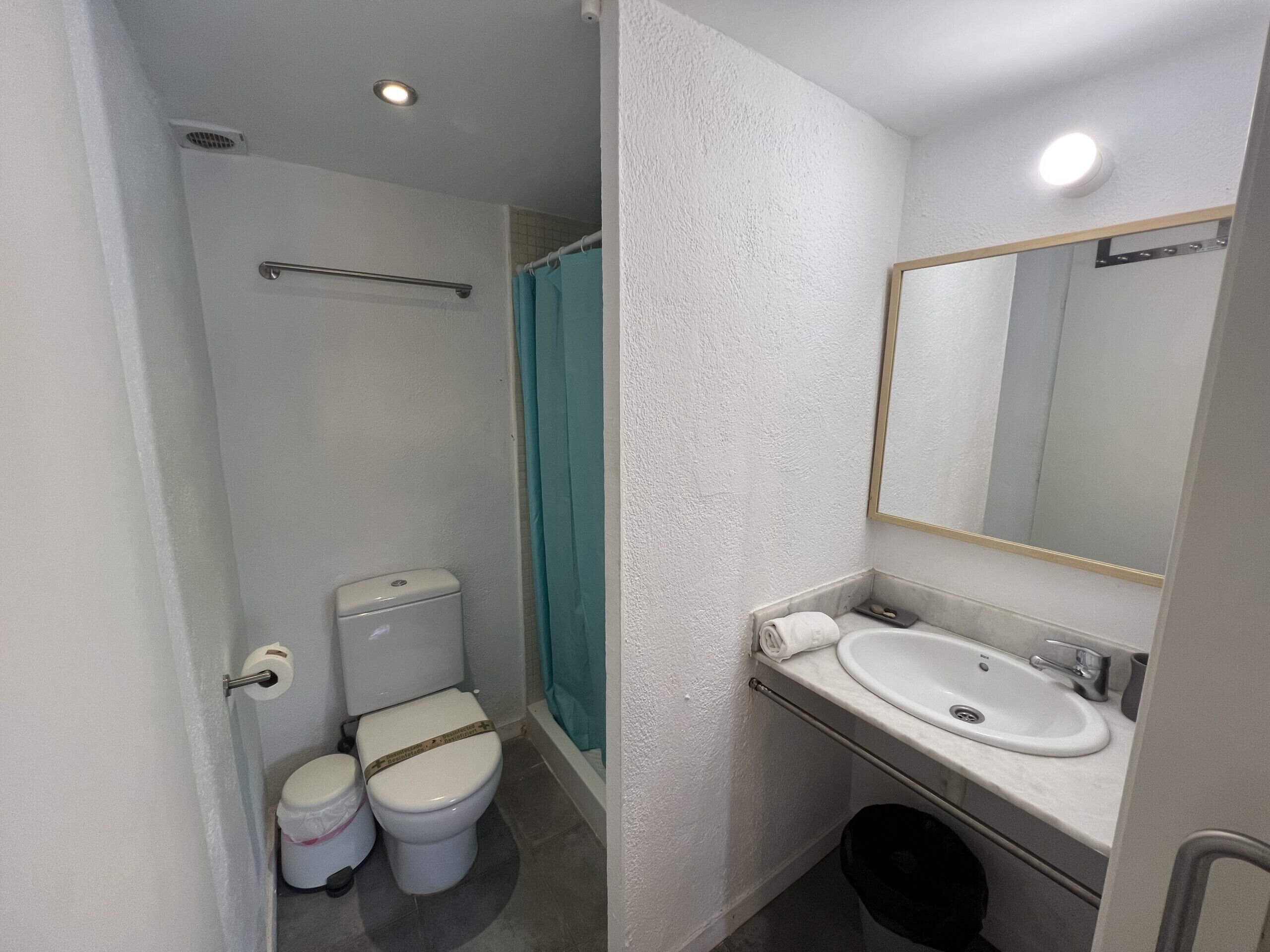 Une salle de bain équipée de toilettes, d’un bidet, d’un lavabo, d’un miroir et d’un rideau de douche.