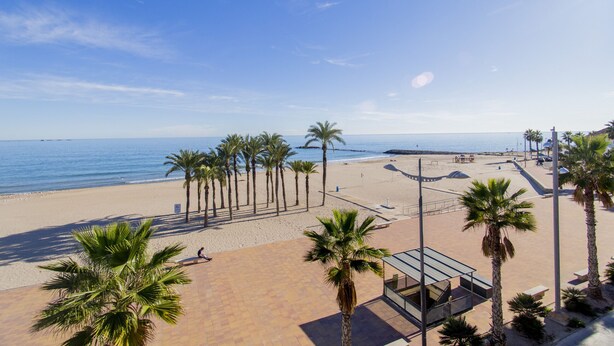 A beach view with palm trees, a sandy area, and a clear sky. - SUPER TORRE - 4 NIVELES CON VISTAS AL MAR (Villajoyosa)
