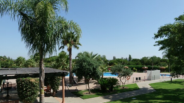 A landscaped area with palm trees, a pool, and a covered seating area. - Prado Golf - Isla Canela Golf GPHG77P68 (Isla Canela)