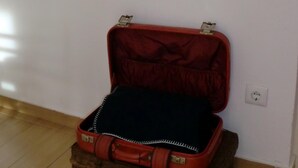 Une pièce dans laquelle on aperçoit une valise rouge posée sur un panier en osier, un miroir accroché au mur et une plante en pot.