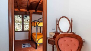 Une pièce avec un plafond en bois, un lit doté d’une tête de lit jaune, une chaise en bois avec un coussin, une commode en bois avec un miroir, et un mur de pierre visible à travers une fenêtre.