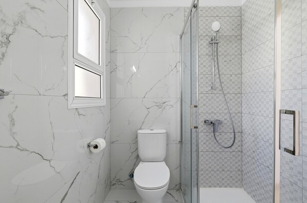 Une salle de bain avec des toilettes, une douche dotée d’une porte en verre et un mur recouvert de carreaux décoratifs.