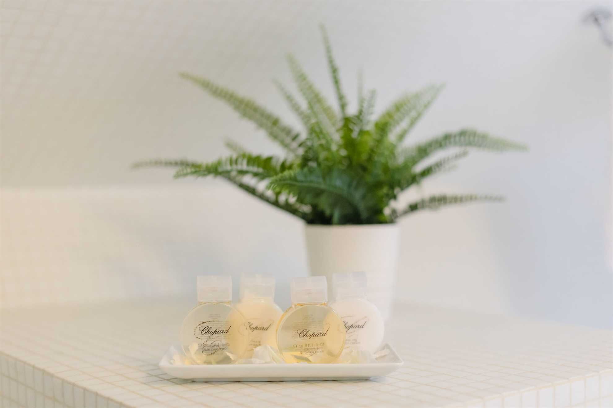A bathroom with a white tiled floor, a white sink, and a potted plant in the background.
