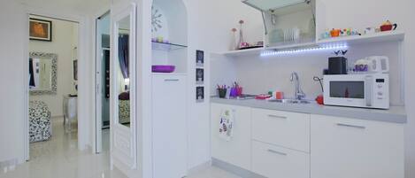 Kühlschrank, Mikrowelle, Herdplatte, Wasserkocher mit Kaffee-/Teezubehör