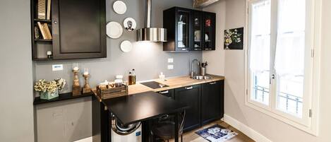 Microwave, stovetop, coffee/tea maker, toaster