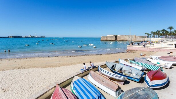 A beach with boats, a fort, and palm trees.