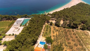 Vista aèria d'una propietat costanera amb platja, piscina i vinya.