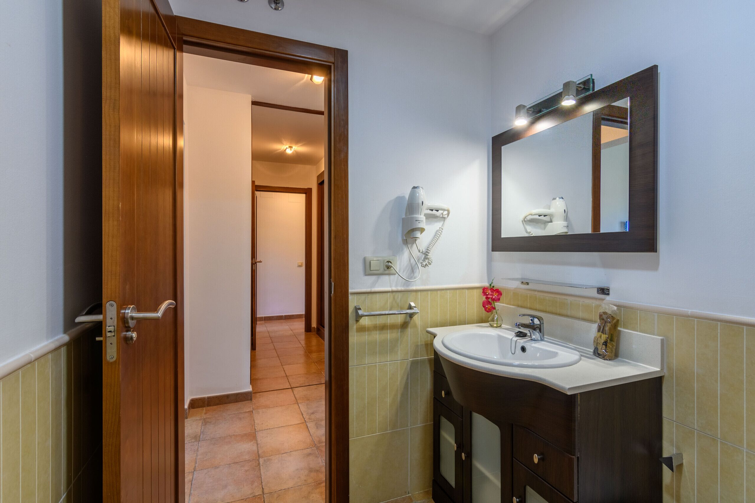 A bathroom with a wooden door, a white sink, a mirror, and a hairdryer mounted on the wall.