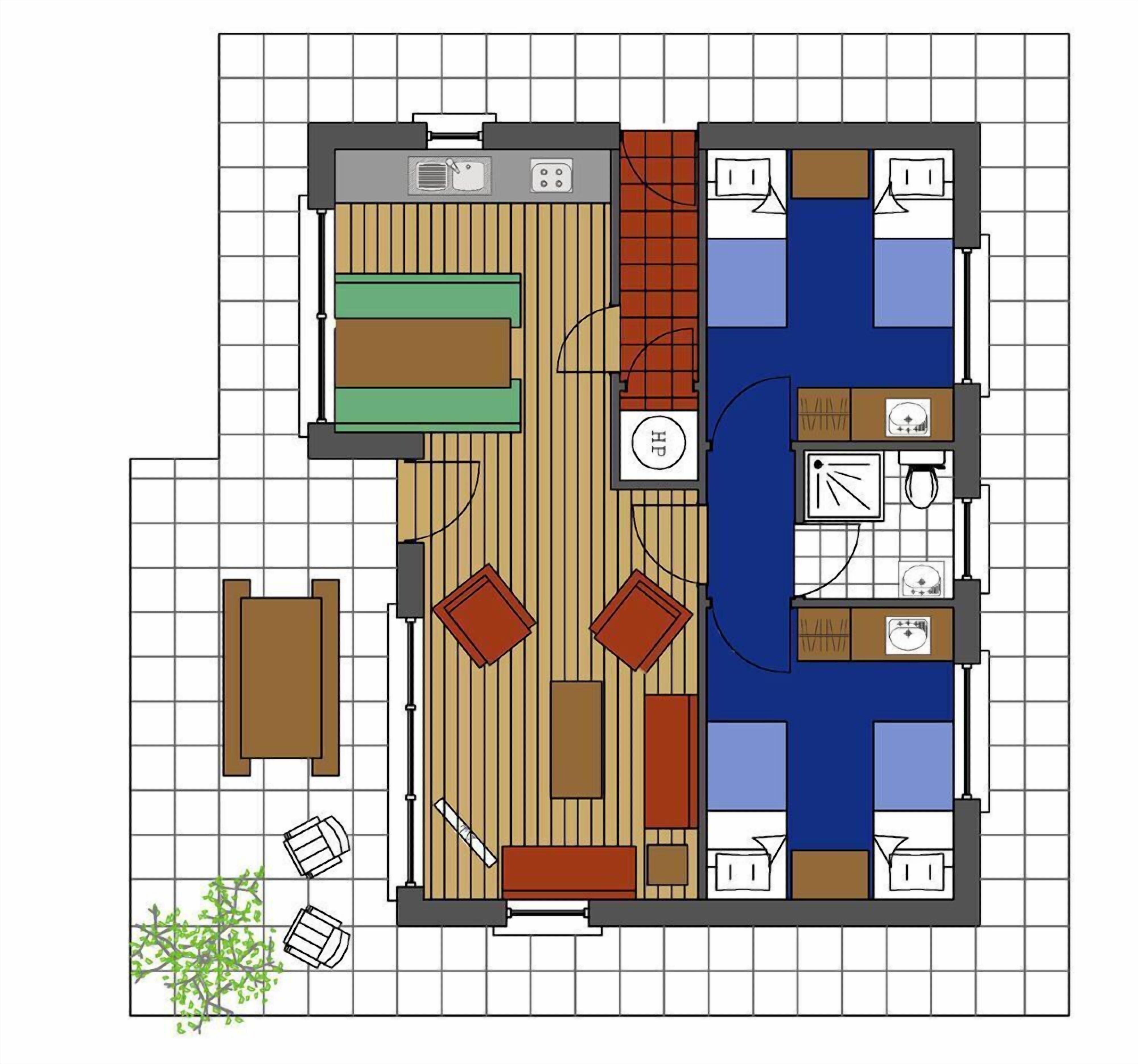 Distribución de un hotel que incluye un comedor, un bar y varias habitaciones.